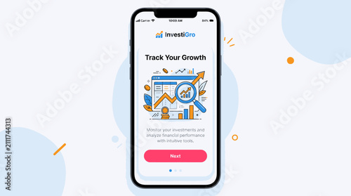 Smartphone with business growth app screen.