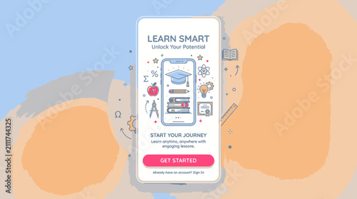 Smartphone with educational app on screen.
