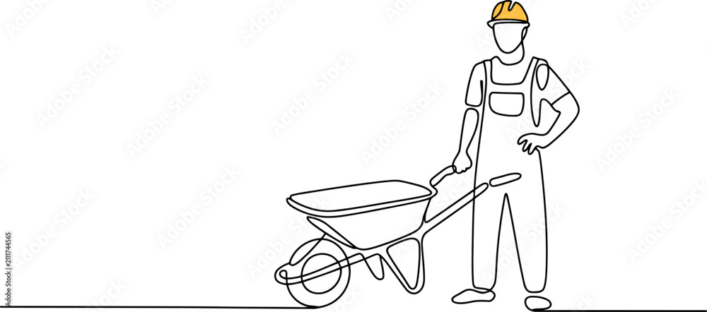 Obraz premium Continuous Line of a Construction Worker with a Yellow Hard Hat and Transparent Background