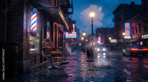 Empty city street at night with barber shop.