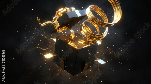 Exploding black gift box with swirling gold ribbons.