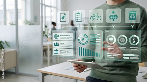 Corporate esg compliance dashboard featuring environmental social governance metrics managed by business professional on digital interface