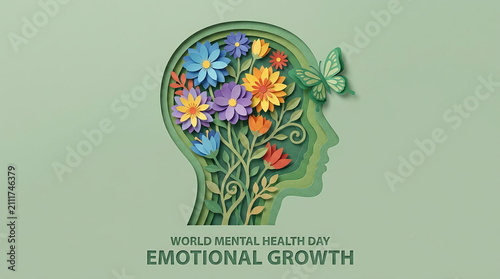 Floral paper cut head for World Mental Health Day.