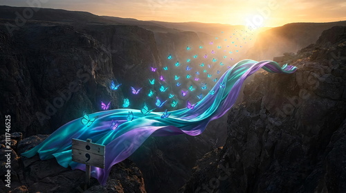 Flowing blue fabric and butterflies in dark canyon landscape.