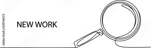 Text NEW WORK and magnifying glass in continuous single line style on white Transparent Background