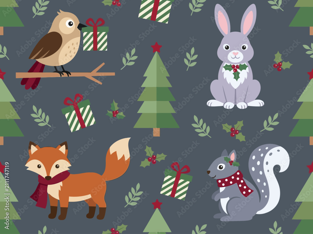 Fototapeta premium Cute Christmas Seamless Pattern with Forest Animals, Fox, Bunny, Squirrel, Bird, Trees and Gifts