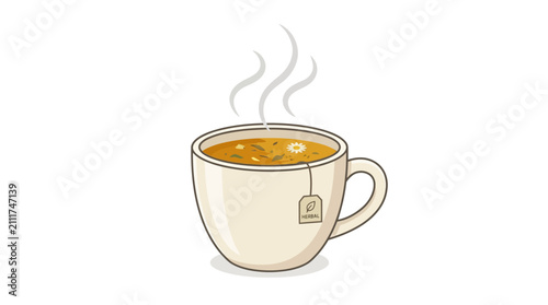 Illustration of a steaming hot cup of herbal tea with a tea bag tag on a white background