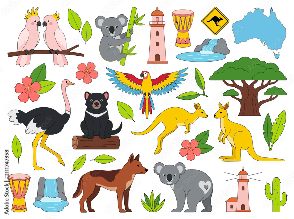 Obraz premium Australian Wildlife and Landmarks Cartoon Vector Icon Set