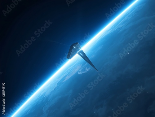 Futuristic Spaceship Soaring Above a Luminous Blue Planet Horizon in Deep Space.