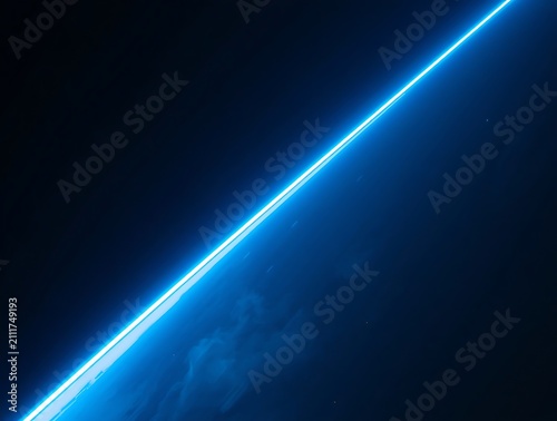 Bright Blue Laser Beam Cutting Through Dark Space with Light Trails.