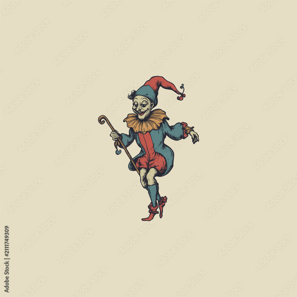 Fototapeta premium Vintage Line Art Illustration of a Medieval Jester Holding a Staff