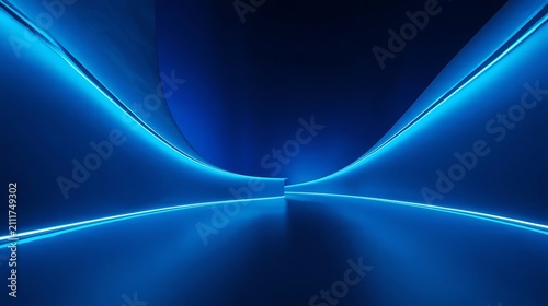Abstract Blue Neon Light Tunnel with Reflective Floor.