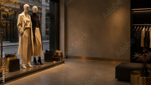 stylish clothing store window displays two mannequins dressed in neutral-toned outfits, with shoes and shopping bags arranged nearby in a modern, minimalistic interior.