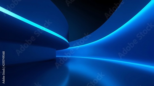 Abstract Blue Neon Light Tunnel Futuristic Architecture.