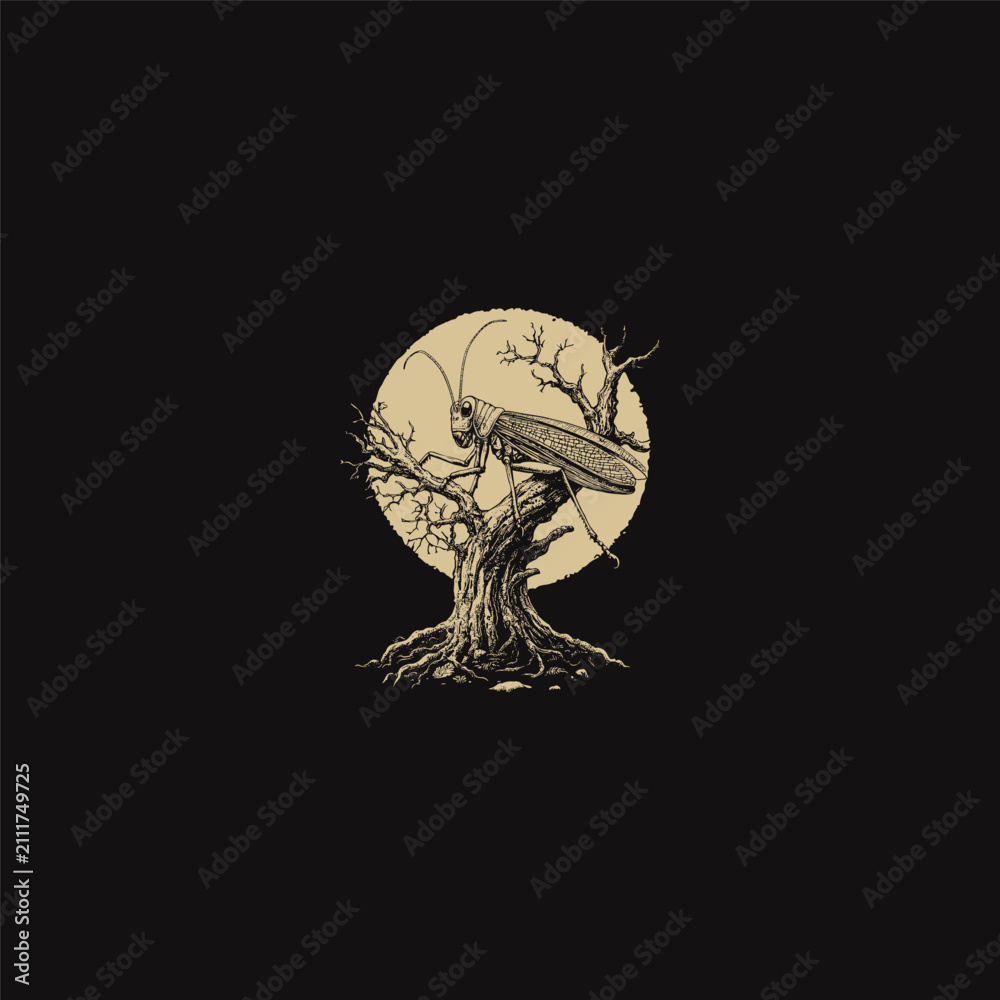Fototapeta premium Vintage Line Art Illustration of a Grasshopper on a Tree