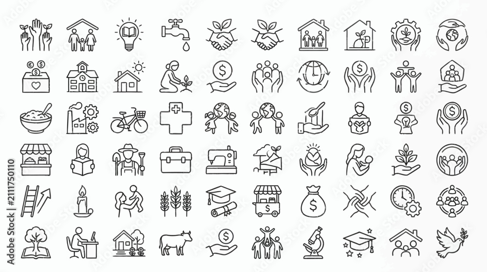 Fototapeta premium A comprehensive set of line icons representing various aspects of social issues, community development, charity, sustainability, and global welfare initiatives.