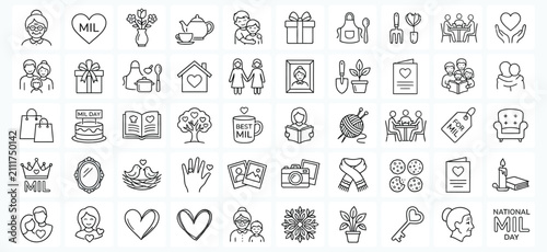 Foto A comprehensive collection of line art icons celebrating mothers, family, home life, and special occasions like Mother's Day, featuring gifts, activities, and heartfelt symbols