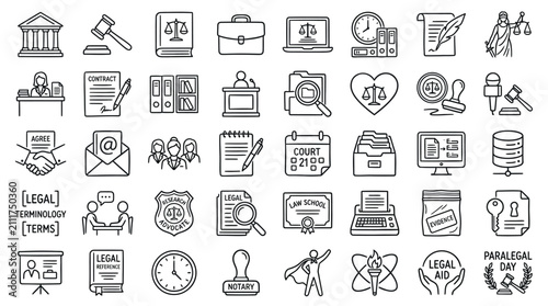 Slika na platnu A comprehensive collection of outline icons representing various aspects of law, justice, legal services, and courtroom procedures, suitable for legal-themed designs