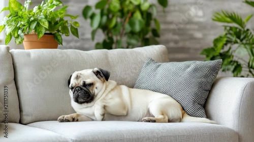 A cute fawn pug dog relaxing comfortably on a cozy light grey sofa indoors.