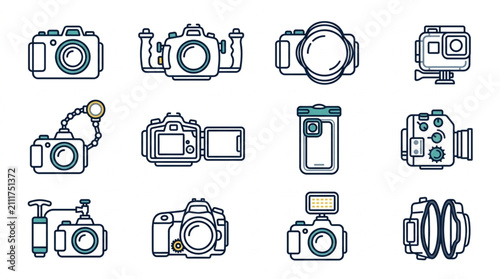 Cuadro en lienzo Collection of various camera and photography equipment icons.