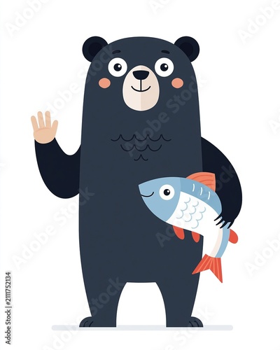 Cute cartoon black bear waving and holding a freshly caught fish, isolated on white background