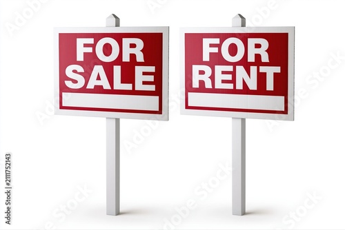 Two red and white real estate signs  one for sale and one for rent  on white poles against a white background