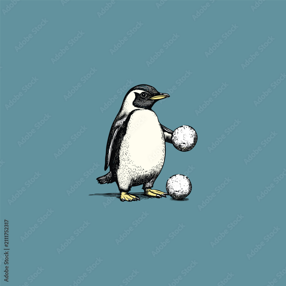 Fototapeta premium Vintage Hand-Drawn Penguin Holding a Snowball Illustration