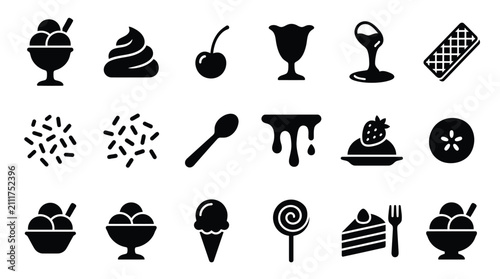 Fotografía Collection of black and white icons representing various desserts and sweet treats, including ice cream, cake, and candy