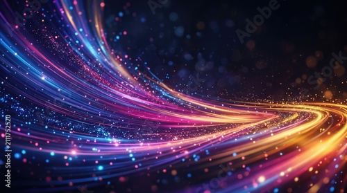 Vibrant, colorful streaks of light swirl and flow across a dark background, creating a dynamic and energetic abstract pattern.
