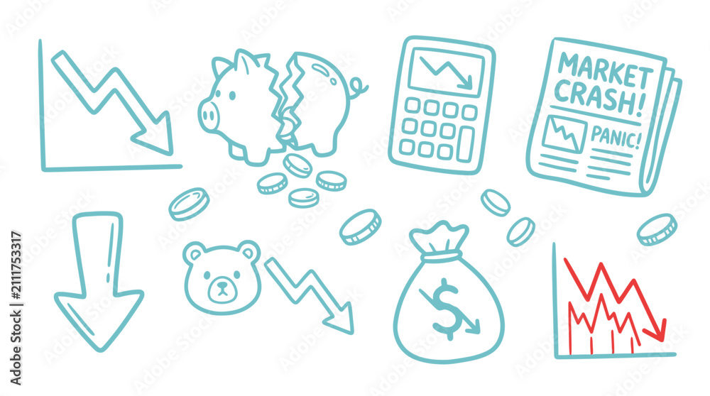 Fototapeta premium Financial Crisis Icons: Broken Piggy Bank, Falling Graphs, Bear Market, and Newspaper Headline.