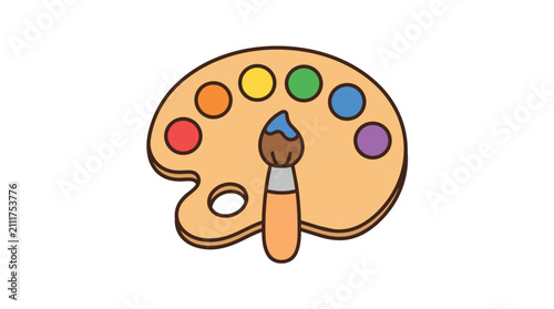 Wooden art palette with colorful paint blobs and a paintbrush, vector illustration of painting tools on white background.