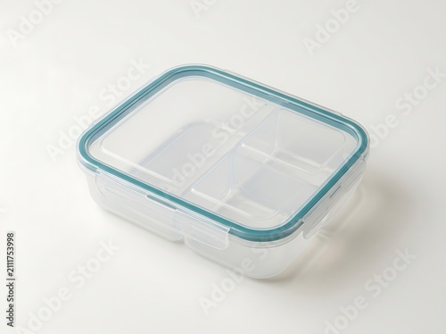 Clear glass food storage container with a blue airtight lid for meal prep. spill proof container