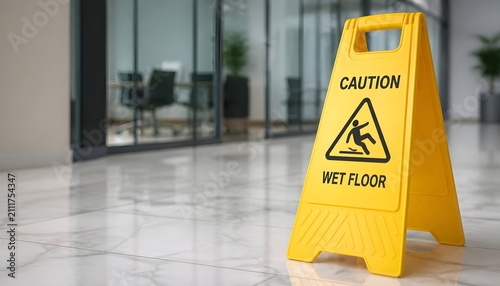 Yellow Caution Wet Floor Sign Placed on a Polished Marble Tile Surface in a Modern Office Hall