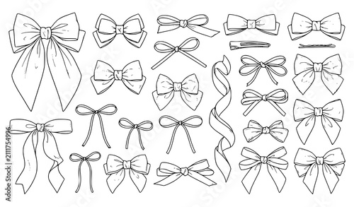 Elegant Ribbon Bow and Hair Accessory Line Art Vector Element Set for Coquette Fashion Gifts Wrapping Wedding Invitations and Feminine Crafts
