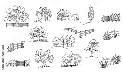 Rural Countryside Landscape Line Art Vector Set with Wooden Fences, Farm Gates, Oak Trees, and Meadow Shrub Outlines for Backyard Garden Designs