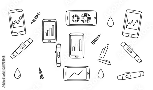 Obraz na płótnie Diabetes Management and Glucose Monitoring Line Art Vector Set with Insulin Pens