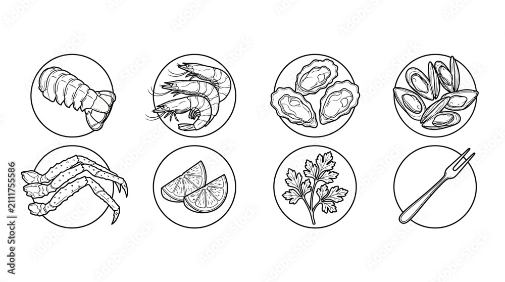 Fototapeta premium Line Art Seafood and Fresh Produce Illustration for Culinary and Restaurant Use, Black and White Sketch