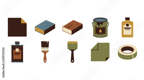 Home renovation tools and supplies including paint, brushes, tape, and cleaning products for DIY projects and interior decorating