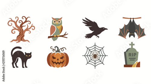 Halloween spooky icons set with haunted house pumpkin bat spider cat owl tree and gravestone for festive celebration and decorations