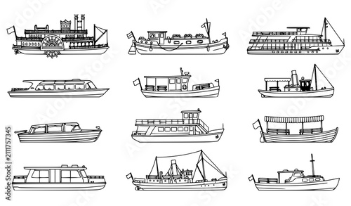 Foto Vintage Boat and Passenger Ship Line Art Icon Set with Steamers, Ferries, and Ri