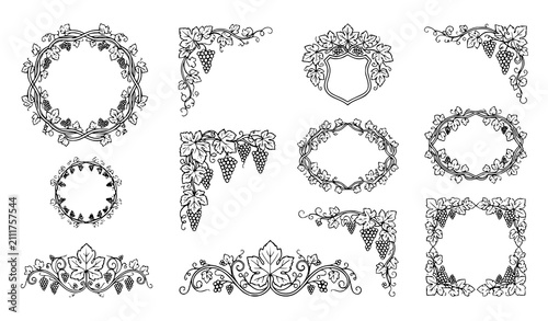 Ornate Grapevine Frame and Corner Border Line Art Vector Element Set with Elegant Fruit Clusters Leaves and Vignettes for Winery Product Labels