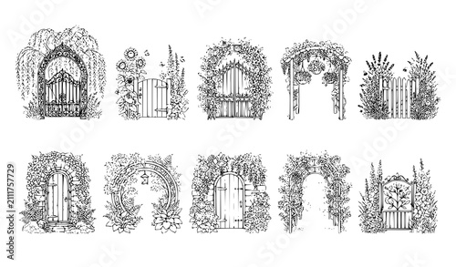 Enchanted Garden Gate and Archway Line Art Vector Element Set with Floral Arbors Ivy Vines Wooden Doors and Secret Backyard Entrances