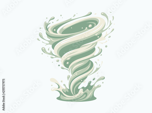 Tornado shaped as a swirling vortex of liquid green paint splashes upward against a clean white background to represent natural power and chaotic movement in a stylized format.