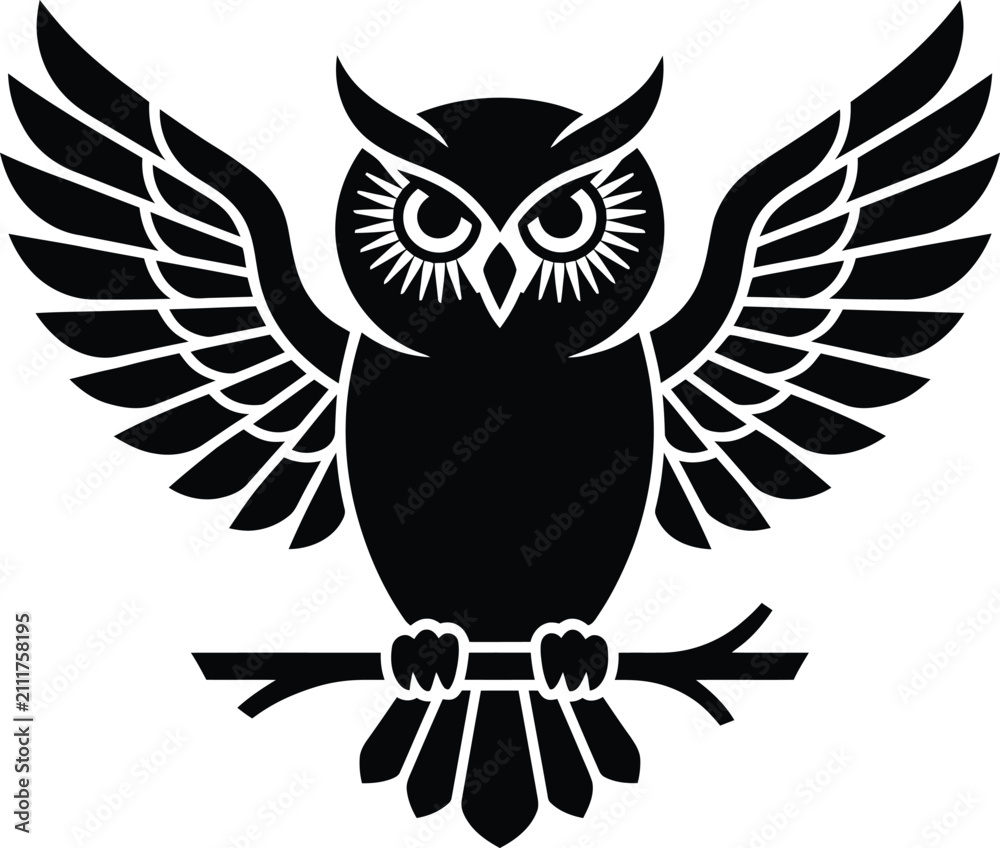 Fototapeta premium A high-contrast black and white vector illustration of an owl with wings spread wide.a