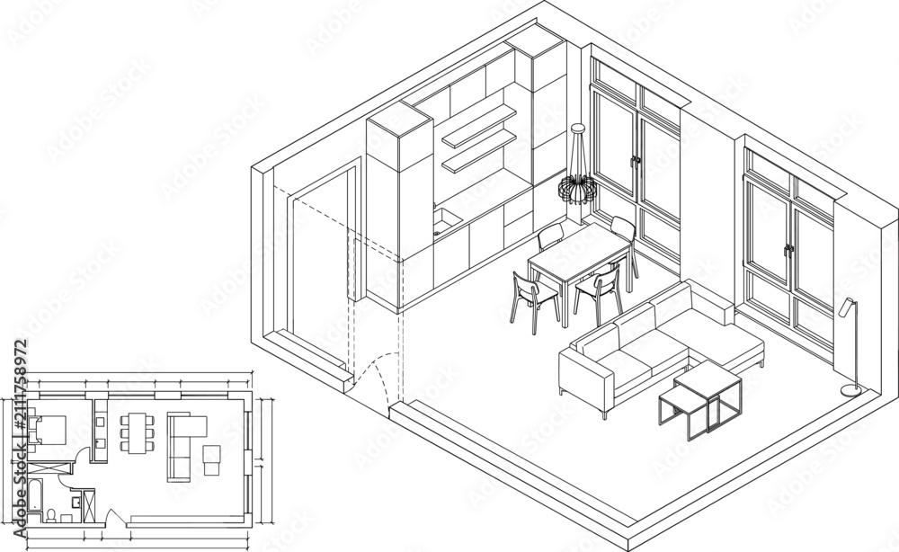 Fototapeta premium Modern Apartment Interior CAD Isometric Line Drawing with Floor Plan Furniture Layout and Architectural Wireframe Design