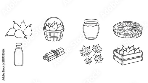 illustration of pears honey jar cinnamon sticks maple leaves pie and crate for harvest season or cooking recipes, black and white line art