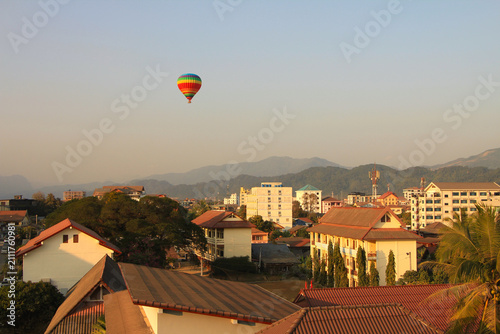 Sunset View of Vang Vieng with Hot Air Balloons in the Sky, Laos