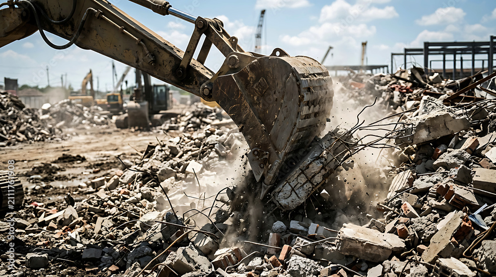 Fototapeta premium Excavator Bucket Crushing Concrete Rubble At Industrial Demolition Site Heavy