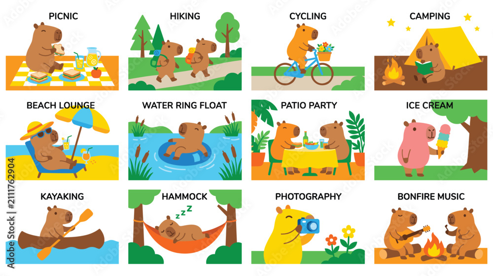 Fototapeta premium Cute capybara doing activities set picnic hiking cycling camping beach lounge water relaxing.