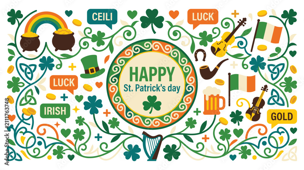Fototapeta premium Happy st patrick's day typography design with irish cultural elements and shamrocks.